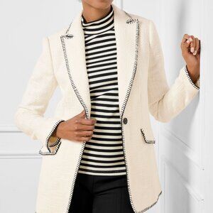 Talbots Contrast Stitch Ivory Black Tweed Classic Blazer, 12p